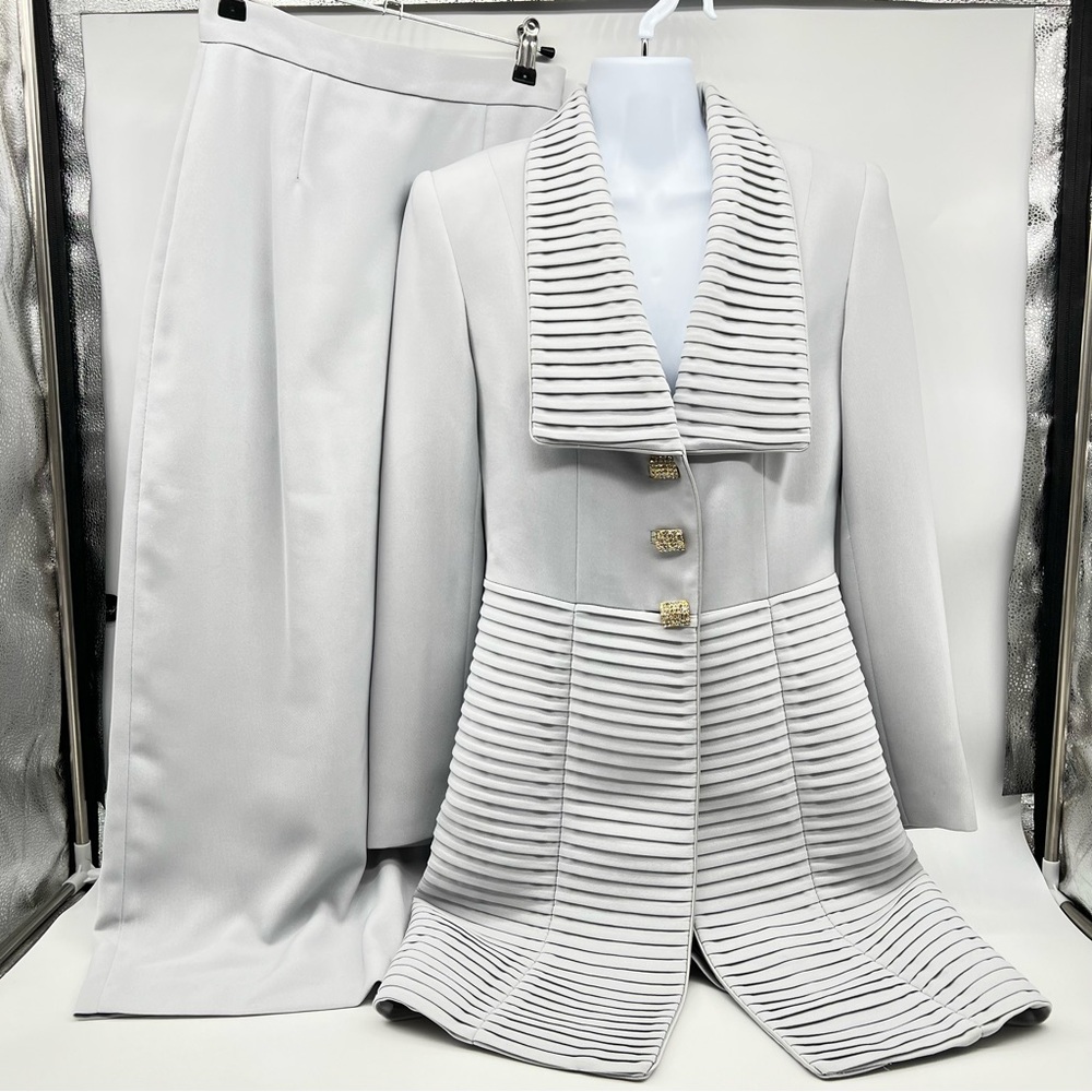 AZAD Dove Gray Formal/Dressy Suit Pleated Collar and Below Waist Longer Skirt-4